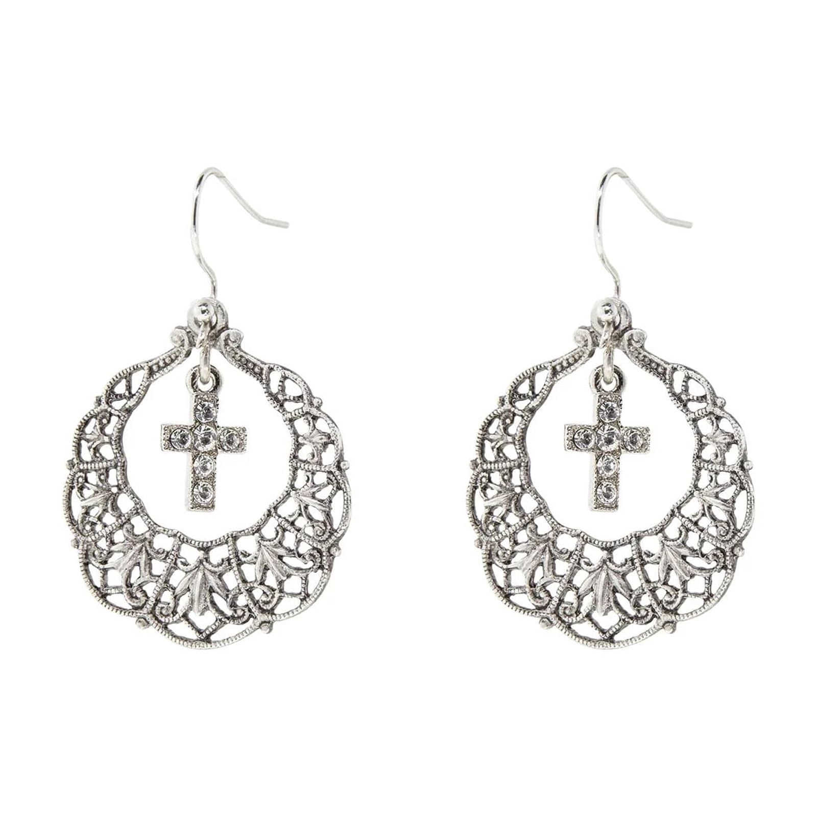 Symbols of Faith Silver-tone Ornate Filigree Frame with Clear Crystal Cross Dangle Earrings QRF638