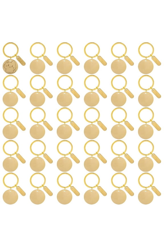 Symkmb 30 Pcs Engravable Metal Keychain Blanks Engraving Keychain Blanks Metal Stamping Blanks Jewelry for DIY Crafts Metal Gold