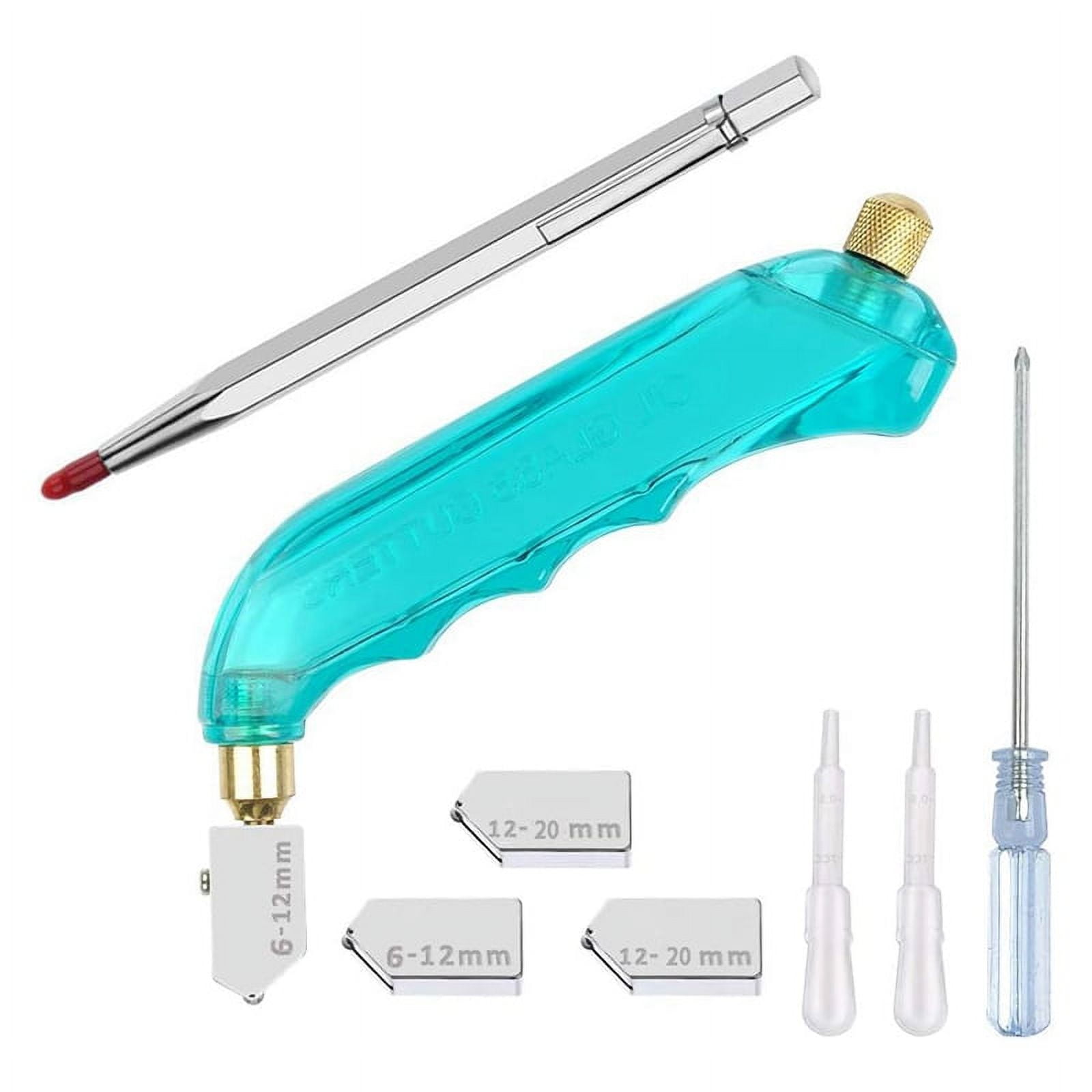 Symkmb Glass Cutting Tool Kit Includes Blue Oil Feed Glass Cutter with 3 Extra Replacement (6mm-12mm,12mm-20mm) plastic