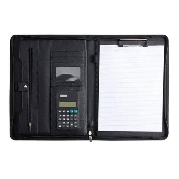 Leather Portfolio Folder with Zipper for Women/Men, Business Padfolio with Handle, Conference Notepad Folder Black