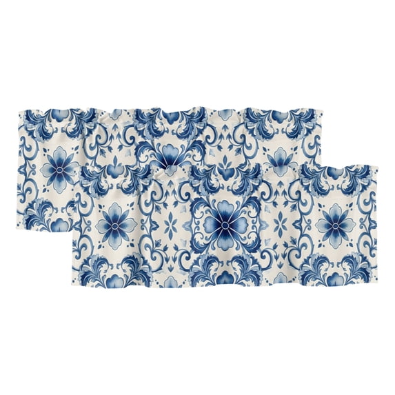 Symmetric Blue Flower Curtain Valances for Windows, Kitchen Valance Window Treatments Panel 2 Pack, Vintage Ethnic Floral Leaves Rod Pocket Short Curtains for Bathroom Bedroom 54 x 18 Inch