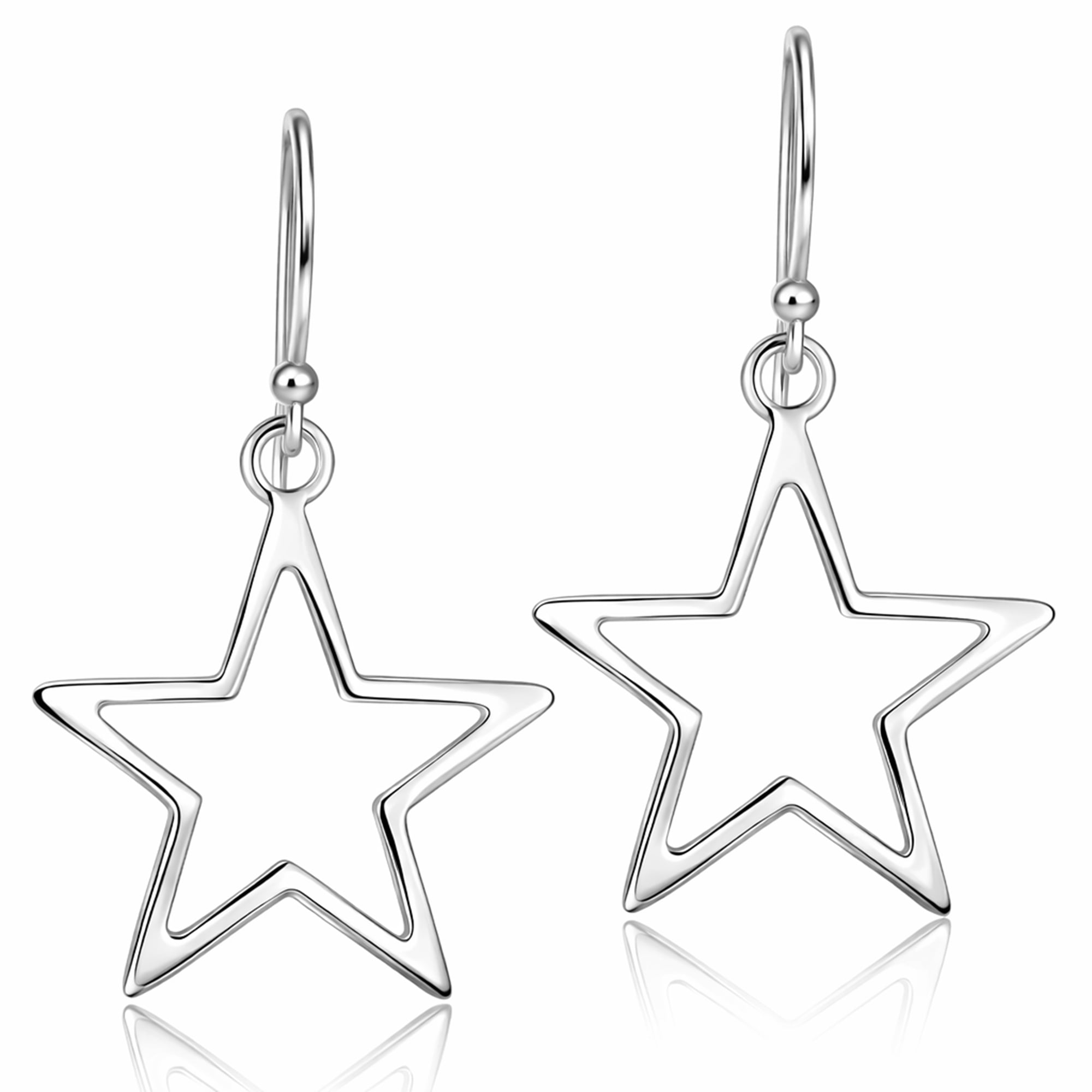 Symmetric Everyday 5 Point Shining Star .925 Sterling Silver Dangle Earrings