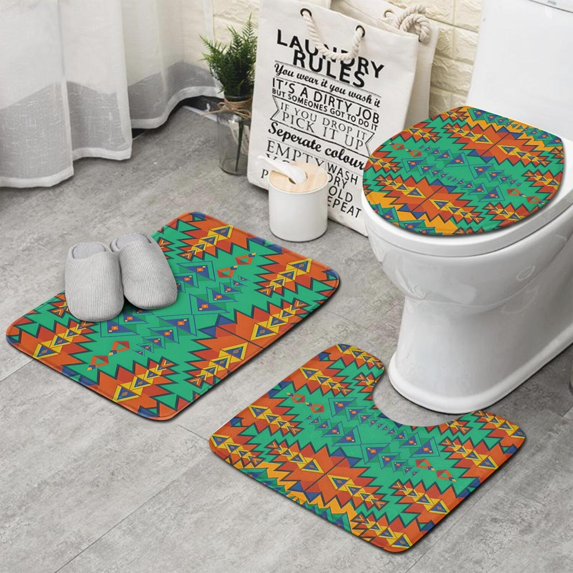 Symmetric Geometric Pattern Bathroom Rugs Sets 3 Piece,Toilet Cover Set,Absorbent Non Slip Bathroom Mats Sets with U-Shaped Contour Rug Toilet Rug Set