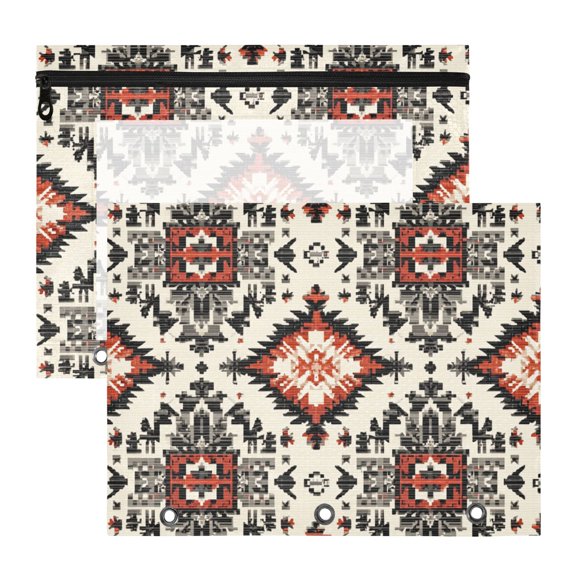 Symmetrical Abstract Geometric Print 3-Ring Binder Pocket with Zipper Pencil Pouches A4 Size File Storage 2 Packs