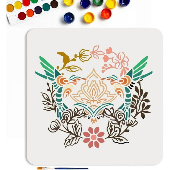 Symmetrical Bird Painting Stencil 11.8x11.8inchs with Paint Brush Reusable Bird and Flower Pattern Template Spring Painting Stencils for Scrapbooking Drawing Home Wall Art Decor DIY