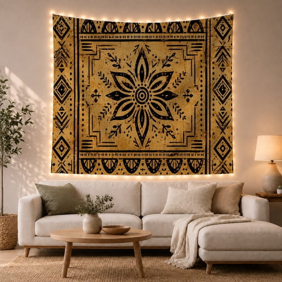 Symmetrical Black Mandala on Distressed Yellow Background, Mystical Boho for Home Decor Enthusiasts, Rustic Geometric Art, Housewarming Gift, Tapestry Wall Hanging for Bedroom and Living Room