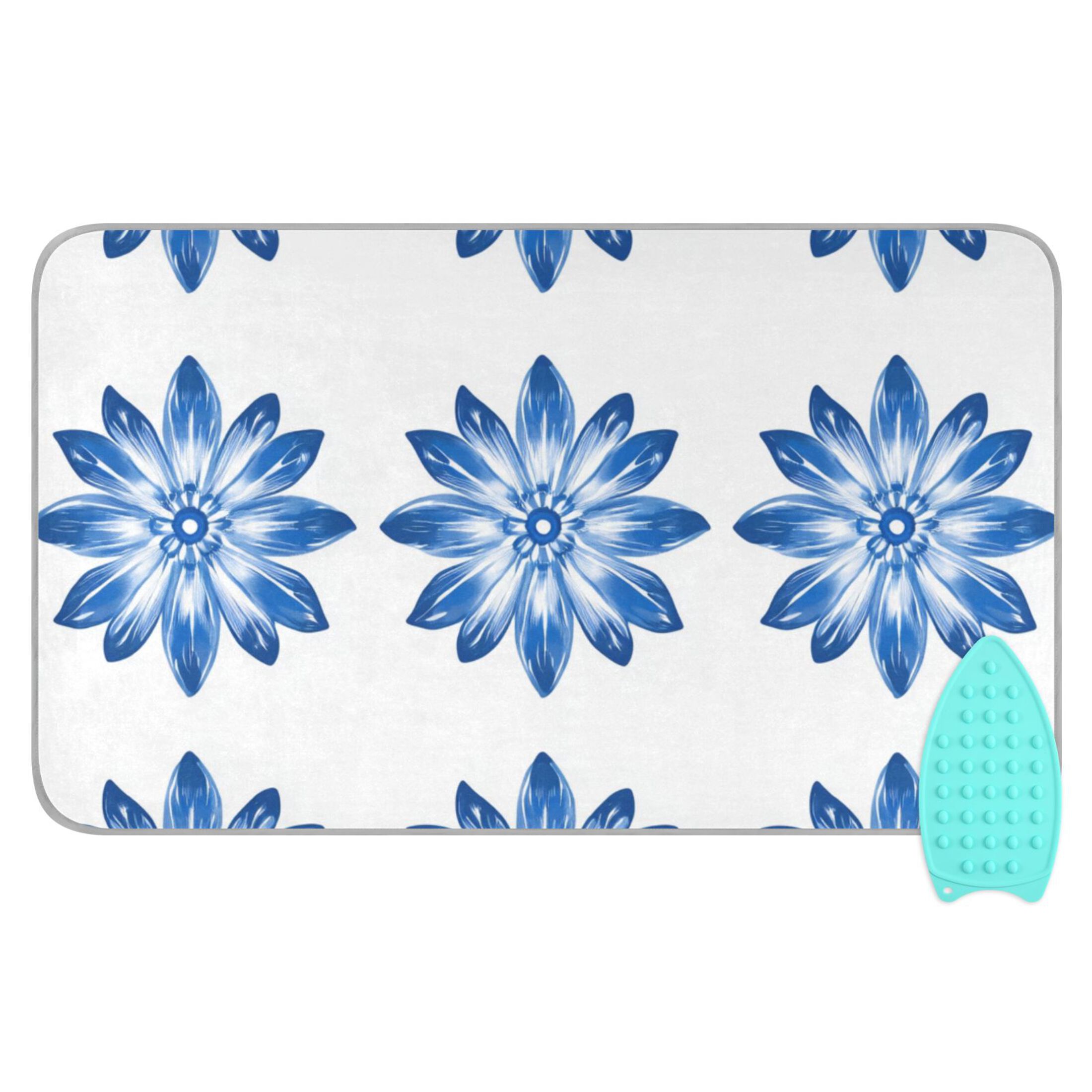 Symmetrical Blue Daisy Flowers Ironing Mat Blanket Portable Travel Ironing Pad Heat Resistant Pad 47.2" x 27.6”