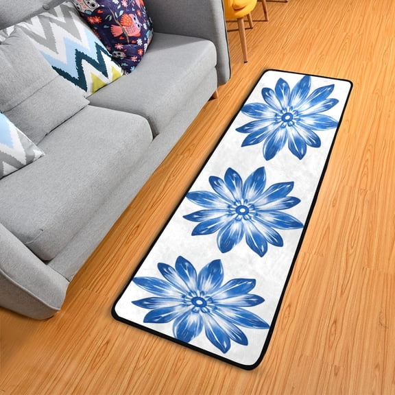 Symmetrical Blue Daisy Flowers Long Floor Mat Runner Rug Area Mat Noise Reduction Water Absorbent Non-Slip 72" x 24"