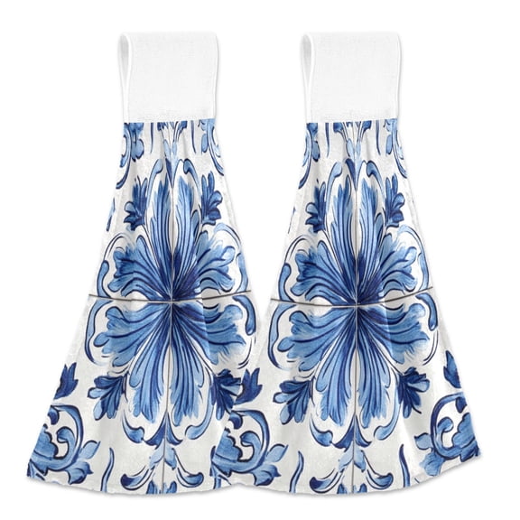 Symmetrical Blue Flower Patten Tile Hanging Towels with Loop Hand Towels Nylon Fastener Tape Design Dish Cloths 2 Pieces
