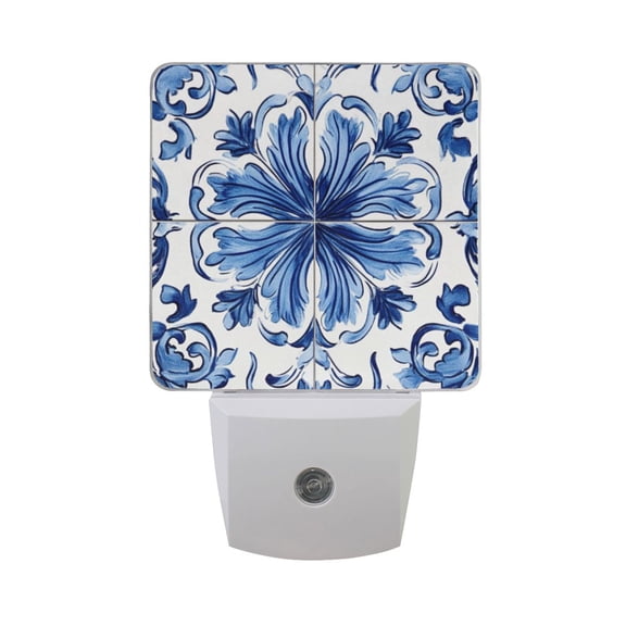 Symmetrical Blue Flower Patten Tile LED Night Light with Smart Sensor Plug Into Wall Dusk to Dawn 2 packs