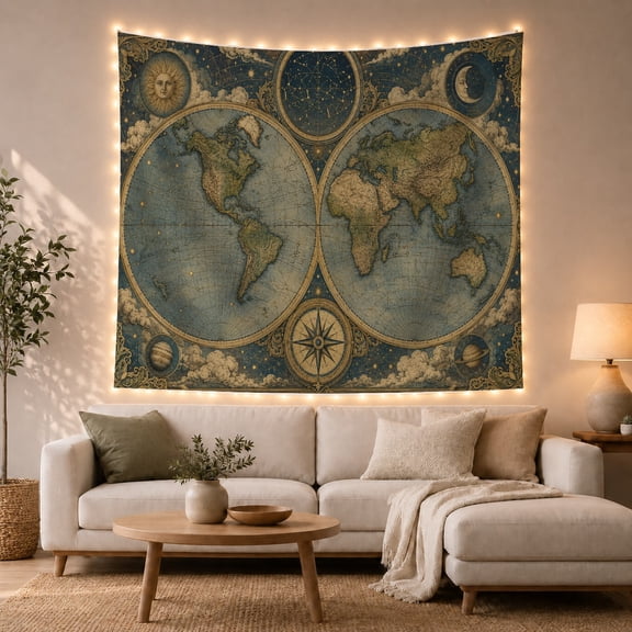 Symmetrical Celestial World Map Against Starry Sky, Mystical Vintage Style for Travel Lovers, Exploration Art Print, Housewarming Gift Tapestry Wall Hanging for Bedroom and Living Room