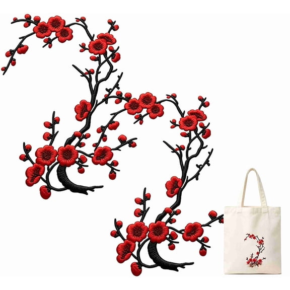 Symmetrical Cherry Blossom Embroidery Iron On Patches, 2 Pieces Large Flower Applique for Garment Repair, DIY Craft & Costume Decoration(Red)