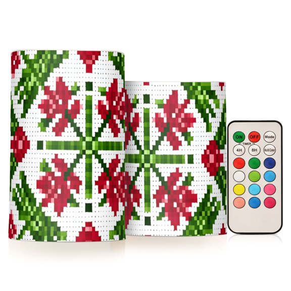 Symmetrical Christmas Pattern Pixel Flickering Flameless Candles LED Tealight Battery Operated with Remote Set of 2 Holiday Decor Ornaments