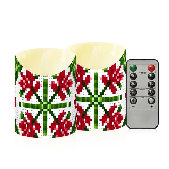 Symmetrical Christmas Pattern Pixel Flickering Flameless Candles with Remote Timer Battery Operated LED Tealight Set of 2 S