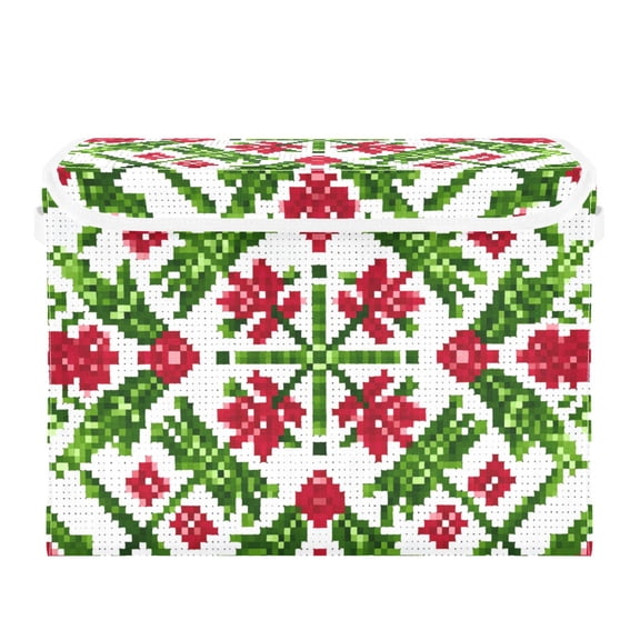 Symmetrical Christmas Pattern Pixel Foldable Storage Bins with Lids Handles Collapsible Storage Containers Tote Boxes 16.5 x 12.6 x 11.8 inches