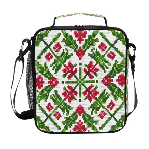 Symmetrical Christmas Pattern Pixel Insulated Lunch Bag Reusable Lunch Box Lunch Container with Straps