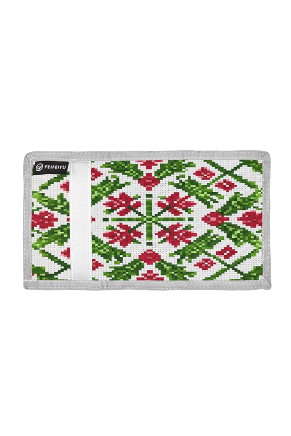 Symmetrical Christmas Pattern Pixel Trifold Wallets Card Holders Coin Pockets with Lanyards Portable Unisex
