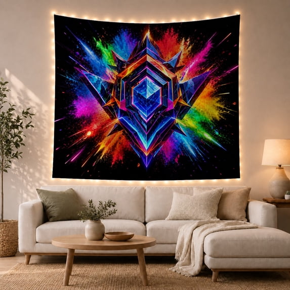 Symmetrical Crystal Geode in Cosmic Nebula, Energetic Psychedelic for Gamers, Abstract Colorful Art Decor, Halloween Gift Tapestry Wall Hanging for Bedroom and Living Room