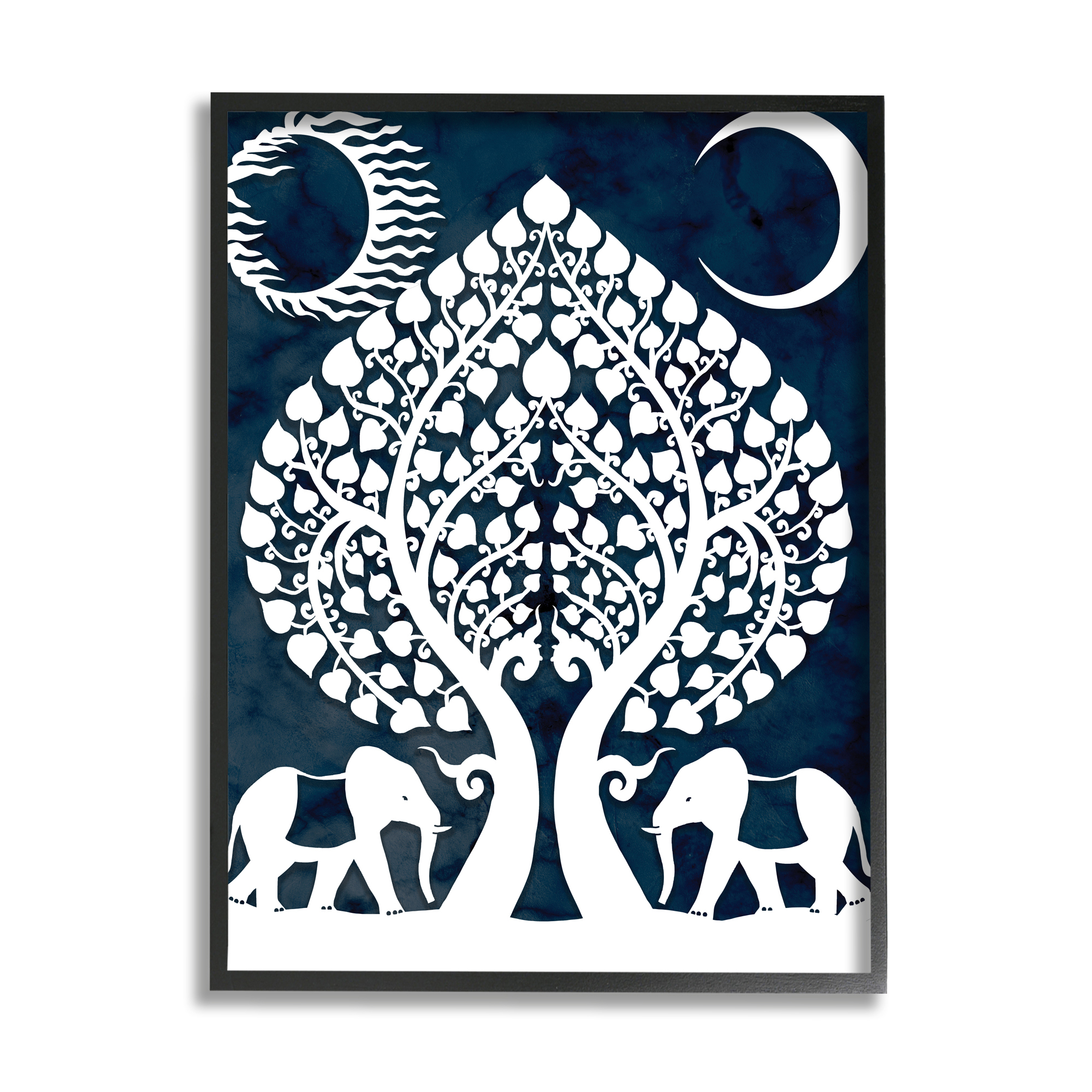 Symmetrical Elephants Marching Under Trees Sun and Moon 16 in x 20 in Framed Painting Art Print, by Stupell Home Décor