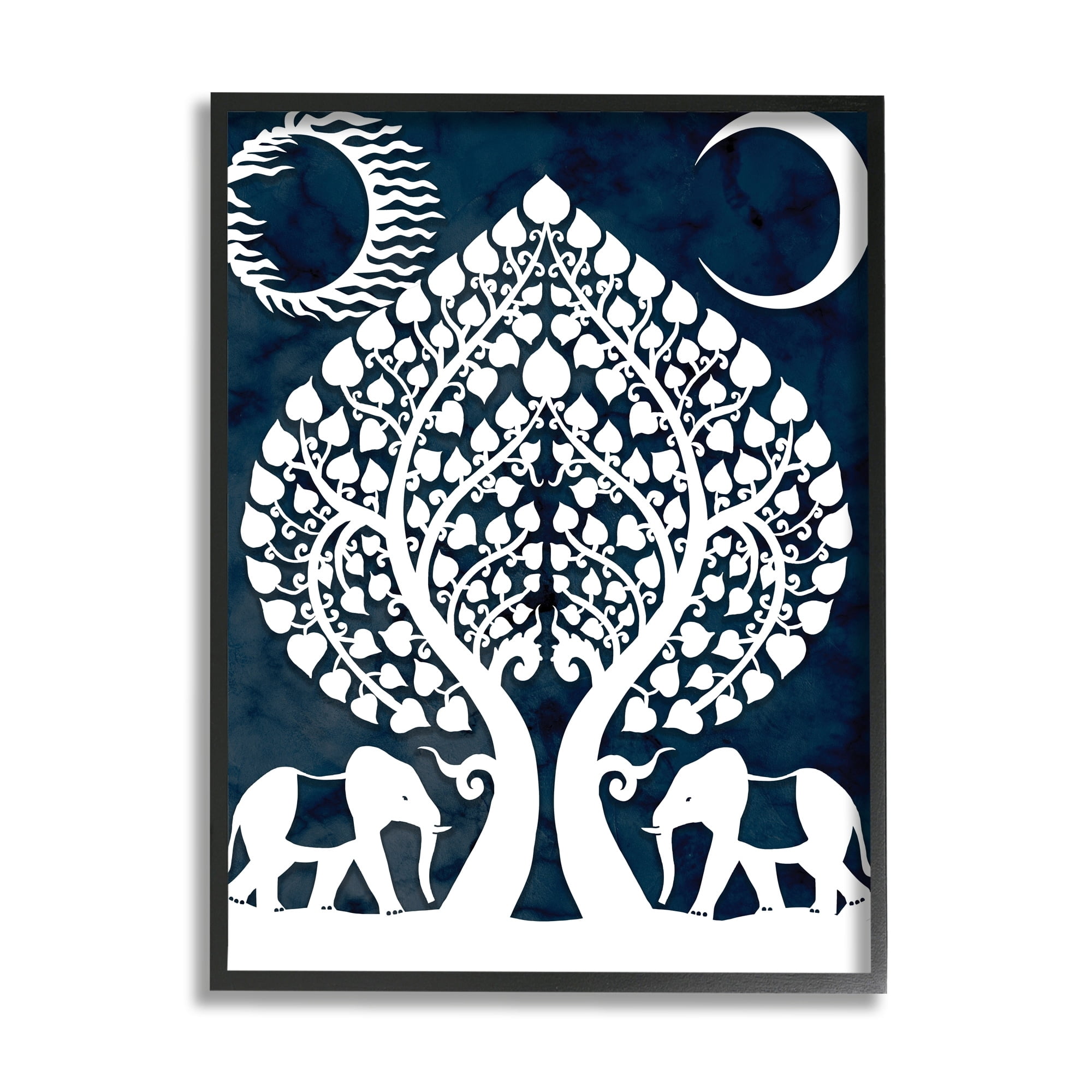 Symmetrical Elephants Marching Under Trees Sun and Moon 24 in x 30 in Framed Painting Art Print, by Stupell Home Décor