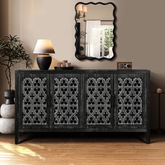 Symmetrical Floral Hollow Doors, Rich Wood Texture / Perfect for Kitchen, Convenient Storage Solution