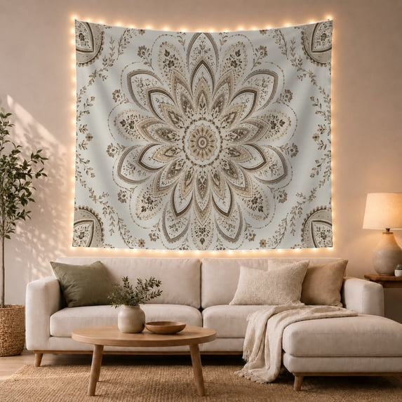 Symmetrical Floral Mandala With Sky Blue Background, Peaceful Boho for Meditation Enthusiasts, Nature Inspired Decor Art, Holiday Gift, Tapestry Wall Hanging for Bedroom and Living Room