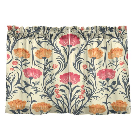 Symmetrical Flowers Designs 27"x36" Linen Look Cafe Curtain Set with Privacy and UV Protection