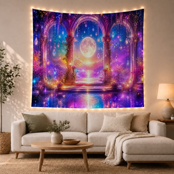 Symmetrical Garden Temple Steps with Full Moon Night Sky, Mystical Fantasy for Fantasy Lovers Ethereal Wall Art Decor Housewarming Gift Tapestry Wall Hanging for Bedroom and Living Room