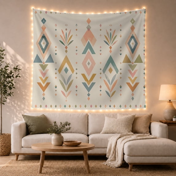 Symmetrical Geometric Art Set Against an Off-White Background, Serene Boho for Home Decor Enthusiasts, Abstract Wall Art Housewarming Gift Tapestry Wall Hanging for Living Room and Bedroom