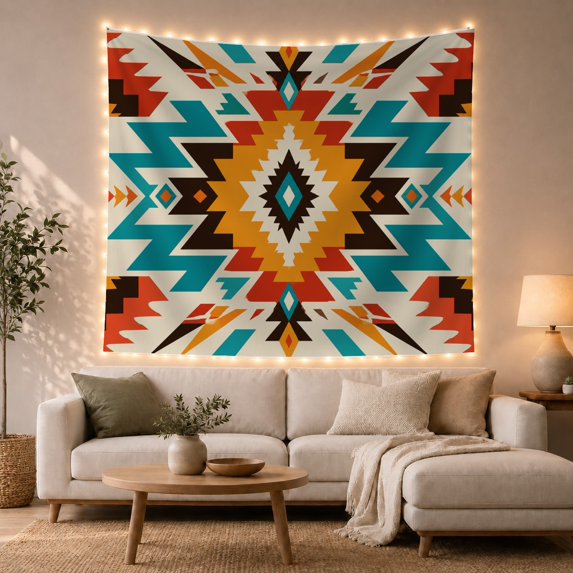 Symmetrical Geometric Pattern on Cream Background, Dramatic Boho for Boho Decor Lovers, Radiating Arrow Wall Art, Housewarming Gift Tapestry Wall Hanging for Living Room and Bedroom