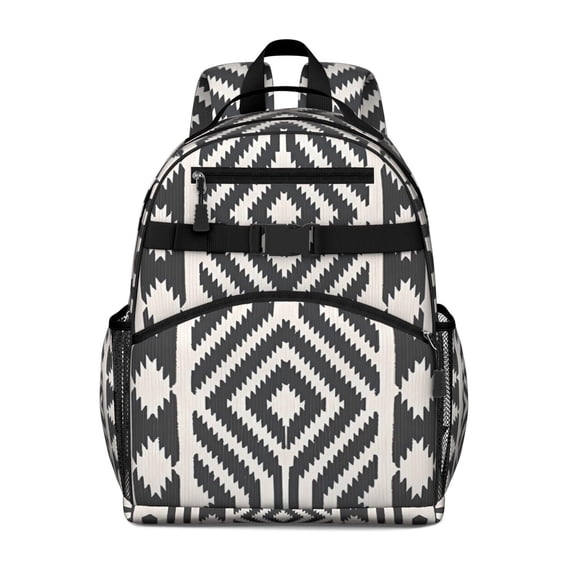 Symmetrical Geometric Students Backpack Abstract Tribal Toddler Book Bag with Nordic Boho Design, Artistic and Travel-Ready