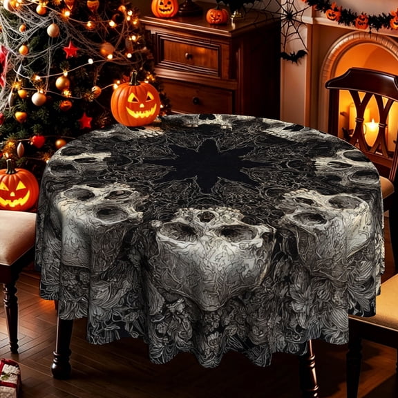 Symmetrical Gothic Skull 2D Print Round Tablecloth, Spooky Halloween Themed Table Cover for Kitchen Dining Room Patio Gatherings, Gothic Home Decor