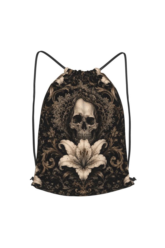Symmetrical Gothic Skull Motif Drawstring Backpack Gym String Bag Sports Sackpack Cinch Sack, S