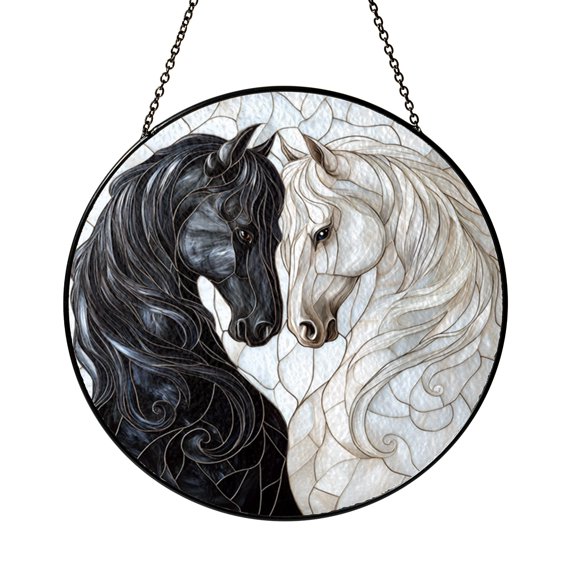 Symmetrical Horse Faux Stained Glass Window Art – Decorative Hanging