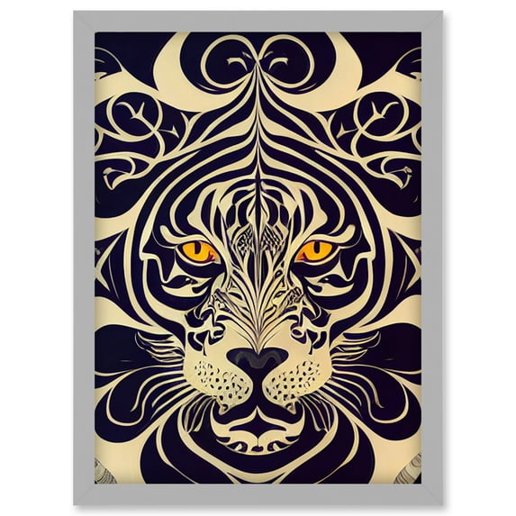 Symmetrical Illustration Of Tiger Face With Yellow Eyes Black And Cream Stripes Artwork Framed Wall Art Print A4