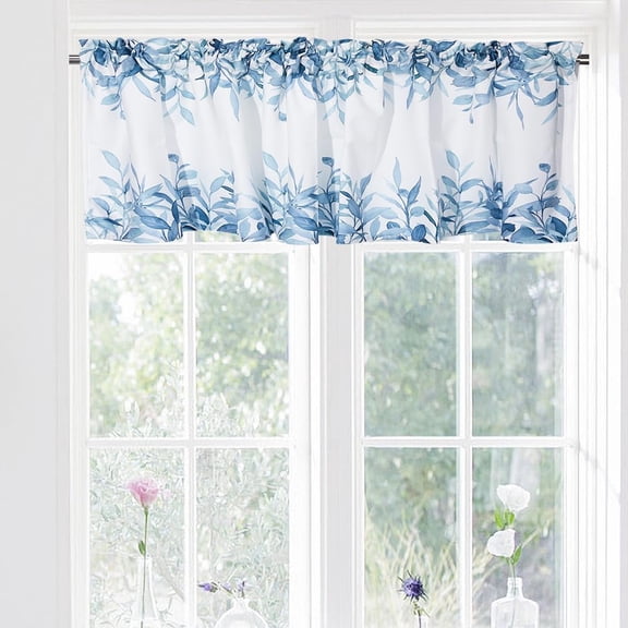 Symmetrical Leaves Window Curtain Valance Blue Watercolor Window Treatment Valances Small Window Kitchen Curtains for Bedroom Living Room Bath Dining Room Cafe Laundry Home Decor Leaf diy