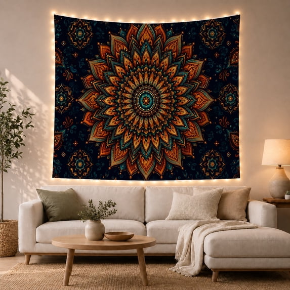 Symmetrical Mandala with Lotus Petals on Dark Navy, Energetic Boho for Meditation Enthusiasts, Intricate Wall Art Decor, Housewarming Gift, Tapestry Wall Hanging for Bedroom and Meditation Room