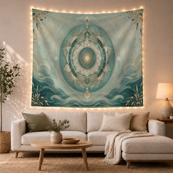 Symmetrical Mandala on Textured Ethereal Background, Mystical Boho for Bohemian Decor Lovers, Nature Wall Art, Housewarming Gift, Tapestry Wall Hanging for Bedroom and Living Room