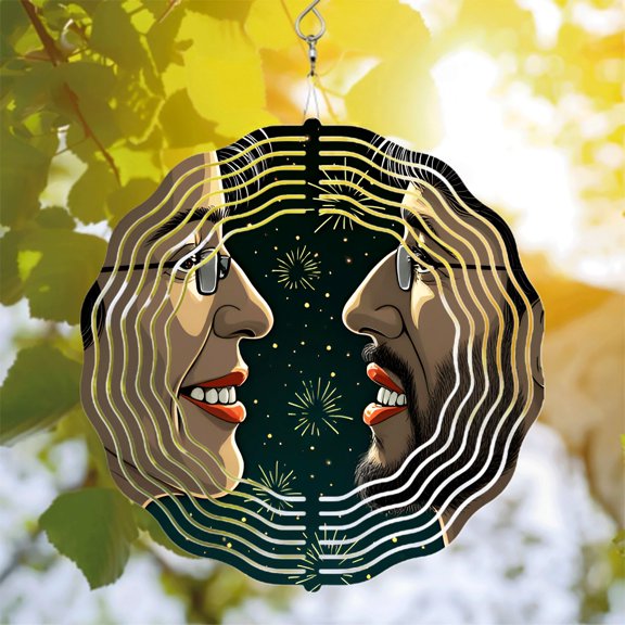 Symmetrical Metal Hanging Wind Spinners & Chimes - Festive Design with Wavy Lines Faces Fireworks & Stars for Yard & Garden Decor