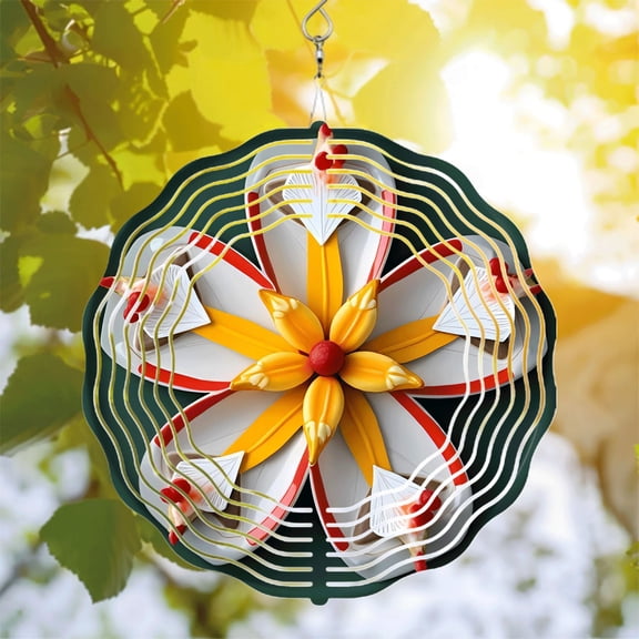 Symmetrical Metal Wind Spinner with Flower Design Red Dot & Yellow Petals White Arrows Perfect for Yard & Garden Decor