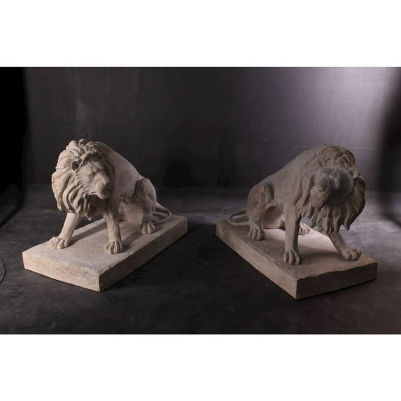 AFD Symmetrical Pair of 39 Inch Entry Lions in Rough Stone