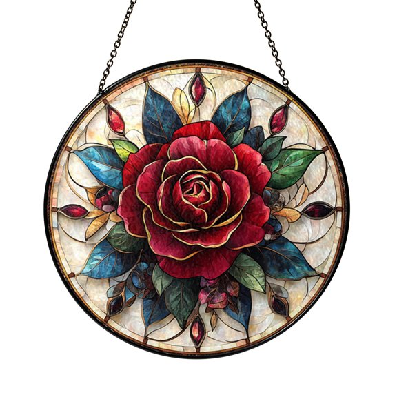 Symmetrical Rose Pattern Faux Stained Glass Window Art
