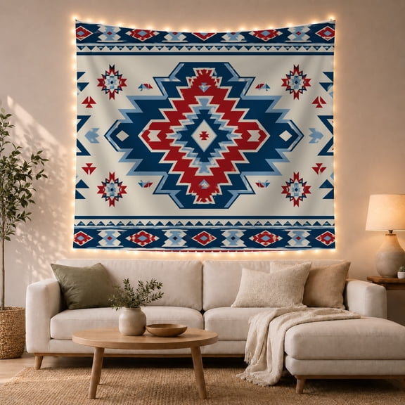 Symmetrical Southwestern Diamond Art on Cream Background, Majestic Boho for Native Art Lovers, Geometric Star Decor, Housewarming Gift, Tapestry Wall Hanging for Bedroom and Living Room