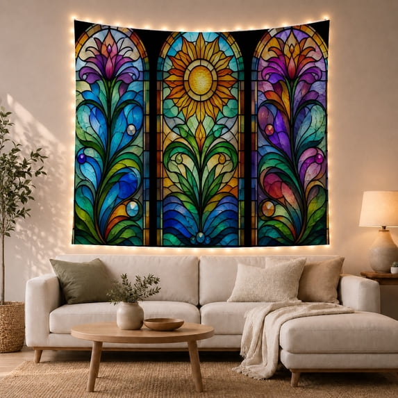 Symmetrical Stained Glass Sunflower in Arched Panels Whimsical Vintage for Gothic Decor Fans Stained Glass Wall Art Halloween Gift Tapestry Wall Hanging for Bedroom and Living Room