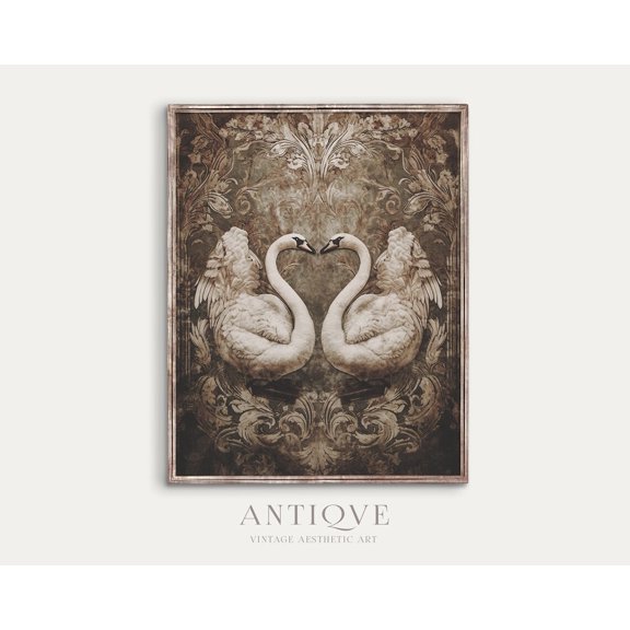 Symmetrical Tapestry Of Two White Swans, Autumn Colour Palette, Neutral Wall Art,906 Home Decor, 24x36 UNFRAMED