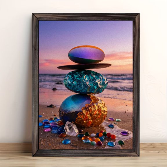 Symmetrical Three Tier Chakra Mineral Stack Ocean Dusk Framed Wall Art, Solid Wood Frame Pastel Seaside Rainbow Glass Pebble Art Print, Relaxing Decor for Meditation Entryway, 12x16in