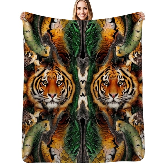 Symmetrical tiger jungle pattern Soft Blanket Travel Bedding Throws Flannel Bedspread Sofa Bed Cover
