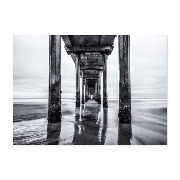 Symmetry Beneath the Pier - San Diego California Photography Architecture Seascape Boardwalk Black and White Minimalist Coast Ocean Unframed Wall Art Print 18 x 24 inches