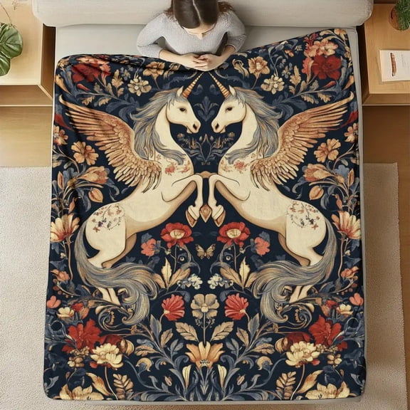 Symmetry Unicorn and Floral Digital Print Flannel Throw Blanket - Quilted, 100% Polyester, Knitted, All-Season Glam Style Fantasy Decor, Ideal for Travel, Camping, Nap, Office - Gift for Family and F