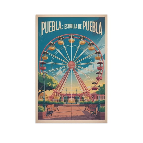 Symmetry View Wall Art Estrella De Puebla Puebla Mexico Vintage Travel Poster Ferris Wheel City Skyline Landmark Print Poster